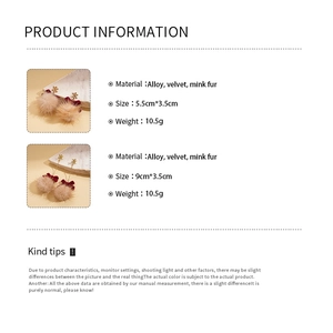 Detailed product information for mink fur and velvet bow snowflake earrings with measurements