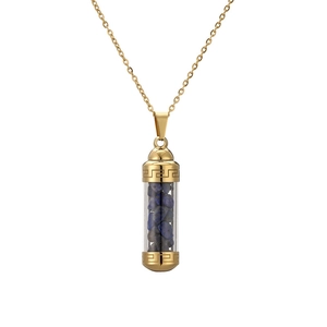 Detailed close-up of a golden perfume bottle pendant filled with dark blue crushed stones