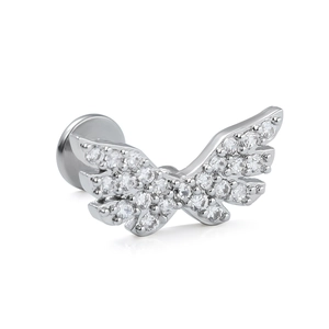 Detailed view of 316L stainless steel wing stud with micro-set zircon and flat back base
