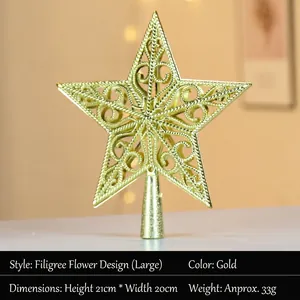 Macro shot of 20cm gold hollow Christmas tree topper star with floral pattern details