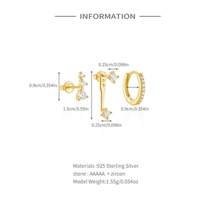 Detailed size specifications for gold S925 sterling silver earrings set with zircon