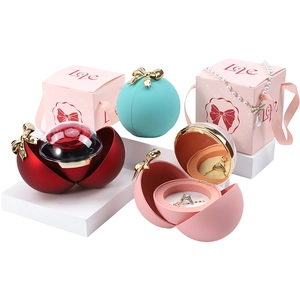 Spherical bow magnetic jewelry box with red preserved rose for rings and necklaces