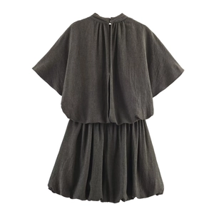 Dark grey cotton linen balloon style mini dress with wide batwing sleeves and back view