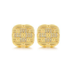 Elegant 18K gold plated square stud earrings with shimmering crystal pavé on white background