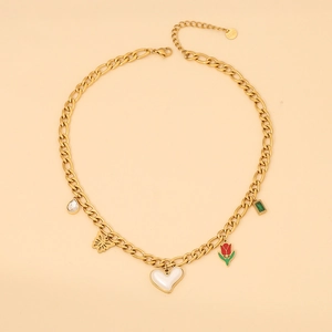 Detail of gold stainless steel necklace featuring colorful tulip, heart, and gem pendants