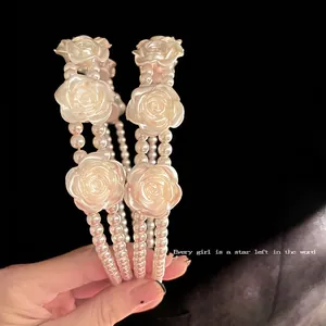Vintage French style double-layered pearl headband with elegant 3D white resin roses
