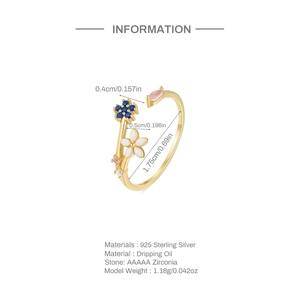 Detail of floral S925 silver open ring with dimensions 1.75cm inner diameter and 1.18g weight