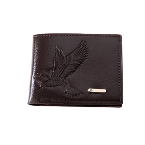 Men's dark brown PU leather bifold wallet with embossed eagle and golden metal plate