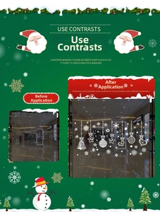 Christmas window decals showing before and after effect with white snowflakes and bells