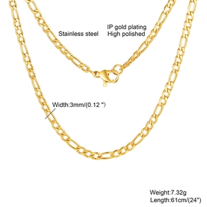 Detail of 3mm gold Figaro chain showing high polished stainless steel and lobster clasp
