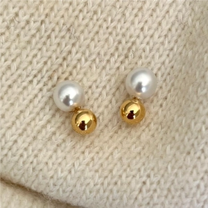 Minimalist Double Bead Artificial Pearl Stud Earrings Metal Ball With 925 Sterling Silver Earring Post Korean Sweet Elegant Jewelry
