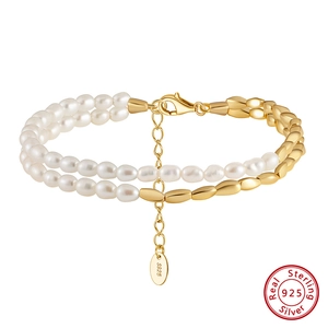 Double-layer S925 sterling silver bracelet with white freshwater pearls and gold beads