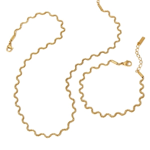 Golden stainless steel wavy twist chain necklace and bracelet jewelry set for women