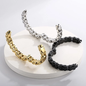 Mens stainless steel bicycle chain bracelets in gold, silver, and black metal finishes