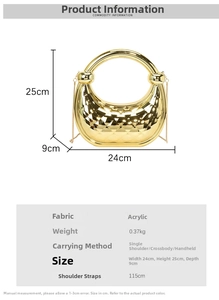 Detailed size chart of gold acrylic crescent handbag with quilted texture and chain