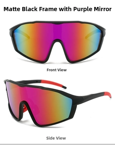 Front and side view of matte black cycling sunglasses with purple gradient lenses