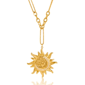 Gold sun and crescent moon pendant necklace with vintage chunky link chain on white background