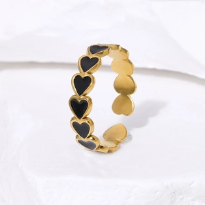 Adjustable 18K gold-plated stainless steel heart ring with black enamel details