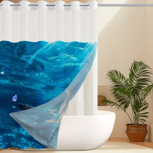 Detail showing the heavy drape and double-layer design of the blue whale shower curtain
