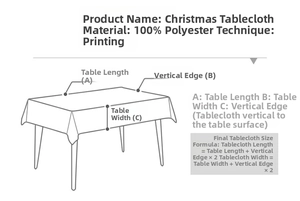Size guide for Christmas tablecloth with measuring instructions and polyester material info