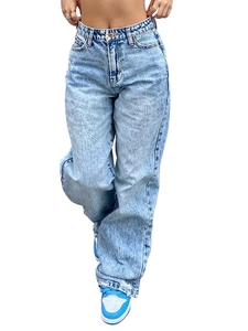 Jean Femme Taille Haute Jambe Large En Denim De Coton Lavé Pantalon Streetwear Vintage Décontracté