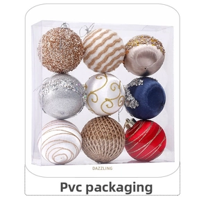 Detail of 9-piece assorted Christmas ball ornaments in a clear PVC gift storage box