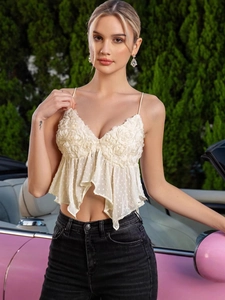 Sexy mesh camisole with 3D floral lace and spaghetti straps in off-white street style