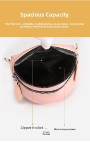Pink crossbody bag interior view showing multi-layer compartments and daily capacity