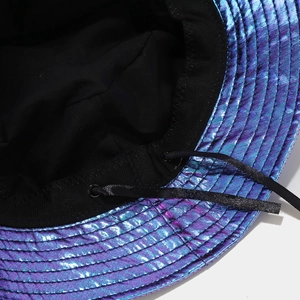 Holographic PU leather bucket hat with metallic gradient finish and concentric stitching