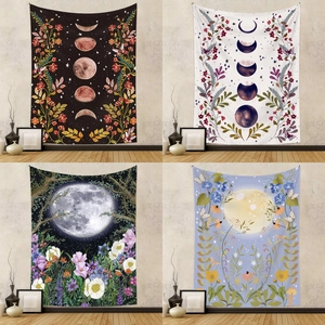 Moon Phase Wall Tapestry Polyester Botanical Floral Mystic Bohemian Home Decor Aesthetic Background Hanging Cloth