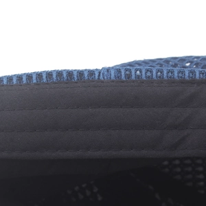 Close-up of a breathable navy mesh beret hat featuring high-quality reinforced stitching