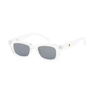 Detail view of transparent resin sunglasses frame featuring round gold hinge accents