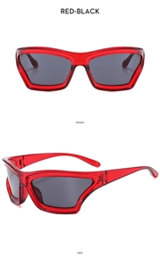 Front and side view of trendy red wraparound sunglasses with dark lenses for men and women