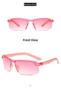Front and 45-degree views of rimless sports sunglasses with pink gradient lenses