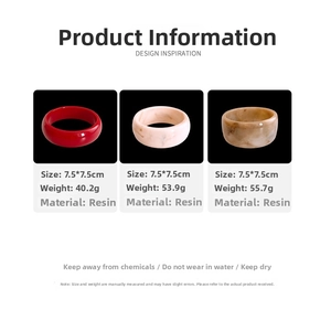 Detailed resin bangles specifications in red, marble beige, and amber colors