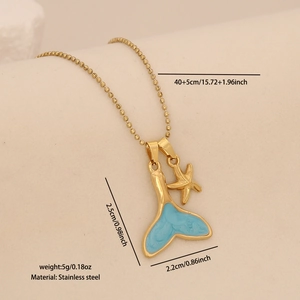 Detail showing dimensions of blue fishtail and starfish pendant necklace in gold finish