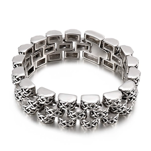 Chunky silver stainless steel chain bracelet for men with retro woven link design