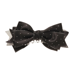 Elegant black satin polka dot bow hair clip with textured fabric and plastic comb