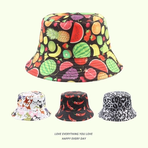 Bucket Hat Cotton Polyester Double Sided Sun Protection Cartoon Animal Fruit Full Print Fisherman Cap Summer Travel