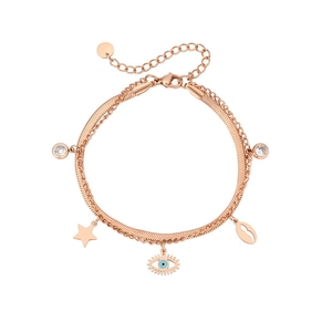 Detailed view of rose gold double-layer bracelet with evil eye and star charms