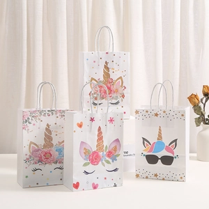 Unicorn themed kraft paper gift bags with handles for birthday parties and shopping