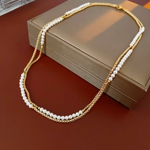 Retro Double Layered Necklace With Imitation Artificial Pearl And Copper Chain Women French Elegant Long Wrap Neck Jewelry