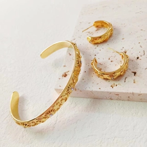 Celestial Sun Moon Star 18K Gold Plated Stainless Steel Bangle And Hoop Earrings Bohemian Vintage Jewelry For Women