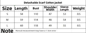 Guide des tailles de la veste en coton à manches longues avec écharpe amovible