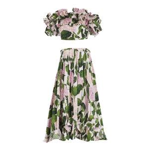 Detail of ruffled bandeau top and maxi skirt set featuring hydrangea floral print