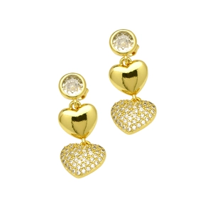 Detail of 18k gold plated double heart drop earrings with shimmering cubic zirconia