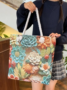 Women Ethnic Floral Embroidered Tote Bag Large Capacity Canvas Cotton Bohemian Casual Shoulder Handbag Rope Handle