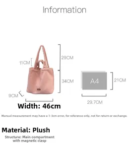 Tabella dimensioni borsa tote in pile rosa con confronto taglie e larghezza 46cm
