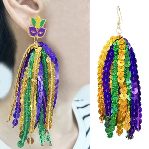 Mardi Gras sequin fringe earrings in purple, green, and gold for party celebration