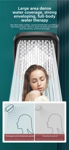 Macro view of wide square rainfall shower head with silicone nozzles and pressure boost design